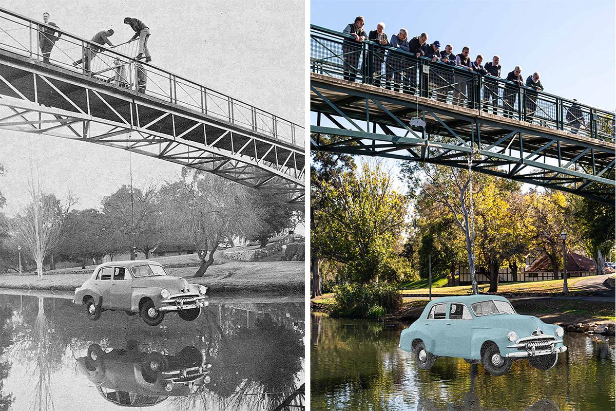 FJ Holden hanging from bridge